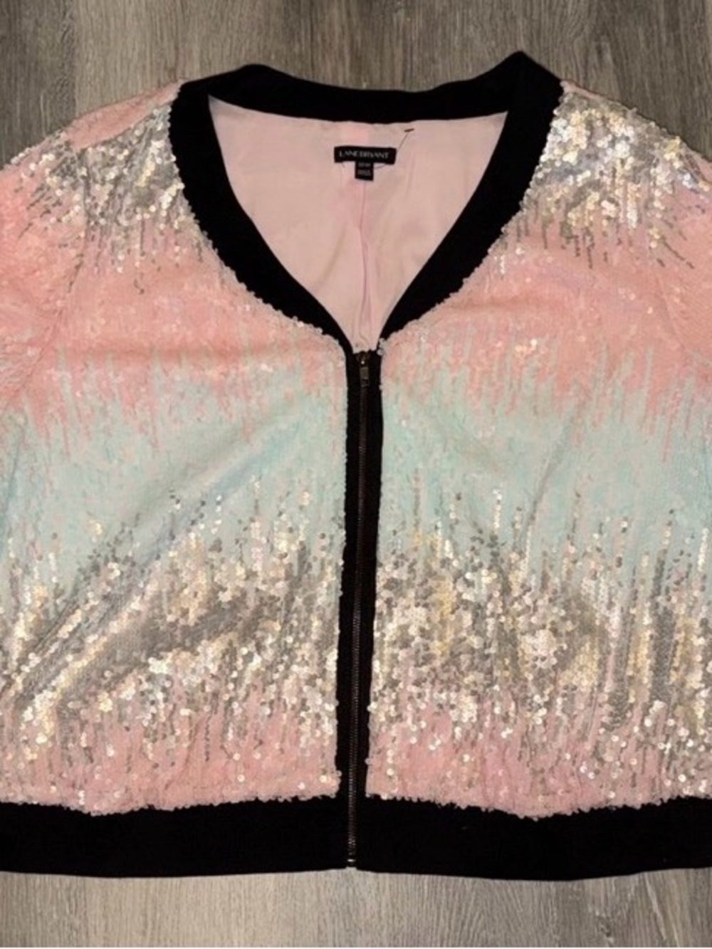 Lane Bryant Pastel Pink Ombre Sequin Bomber Jacket with Black Trim